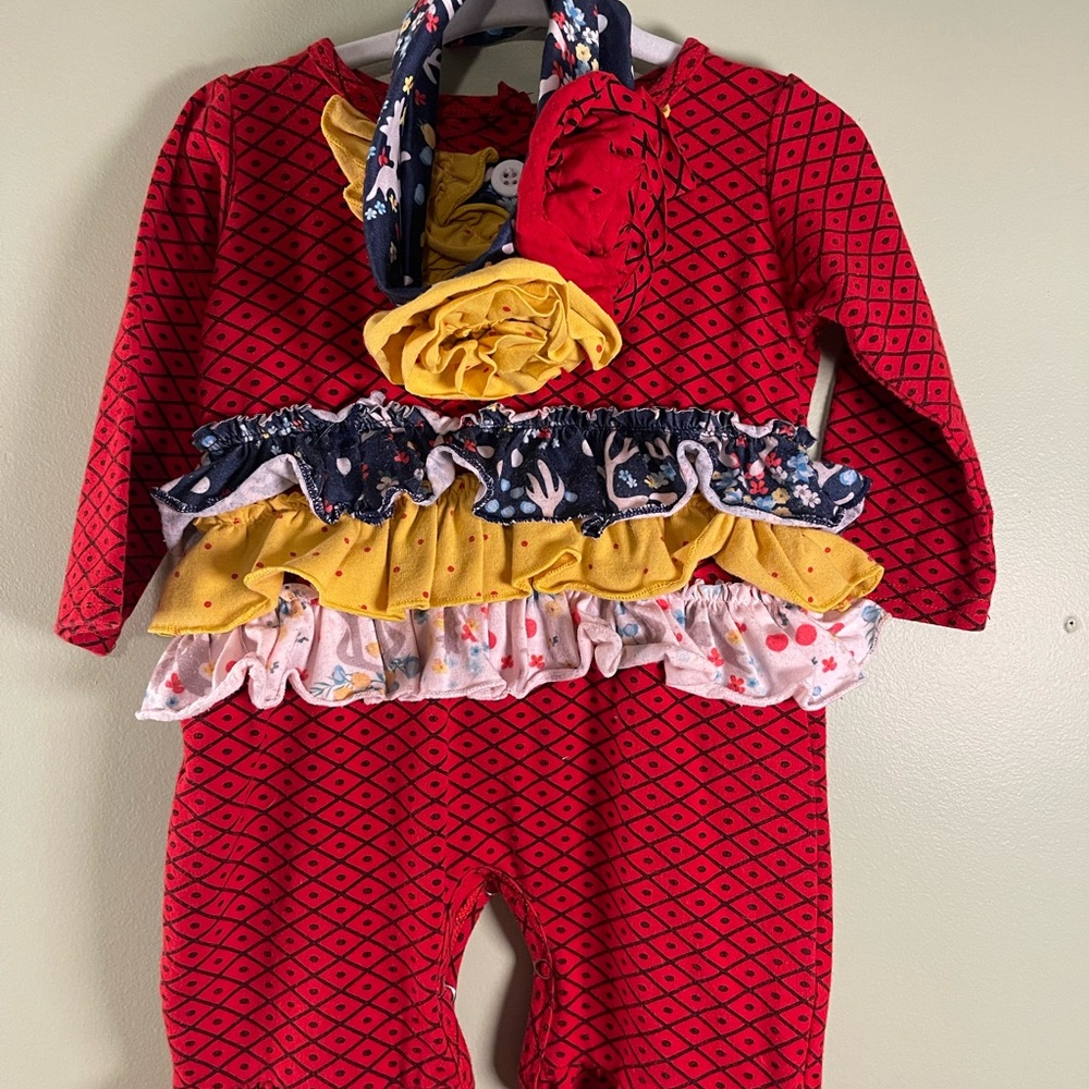 Red Patterned Baby Outfit with Ruffles